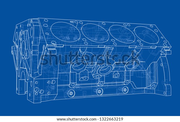 Engine block
sketch. Vector rendering of 3d. Wire-frame style. The layers of
visible and invisible lines are
separated