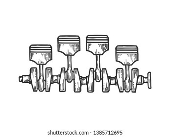 Engine car motor pistons on crankshaft sketch engraving vector illustration. Scratch board style imitation. Black and white hand drawn image.