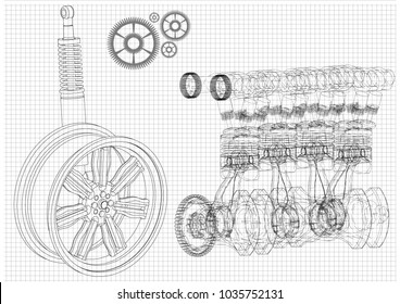 Engine and car wheel on a white background. 3d model. Machine drawing