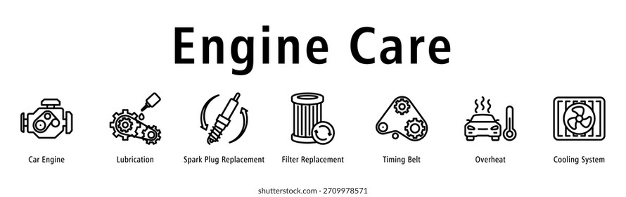 Ilustração do vetor do ícone do banner da web do cuidado do motor com ícones do motor do carro, Lubrificação, substituição da vela de faísca, substituição do filtro, correia de cronometragem, superaquecimento e sistema de refrigeração.