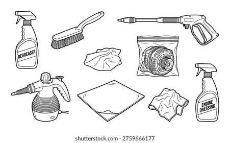 Engine cleaning and detailing tools set including degreaser brush pressure washer microfiber cloths dressing alternator vector