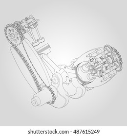 Engine components in disassembled state. Vector illustration of lines.