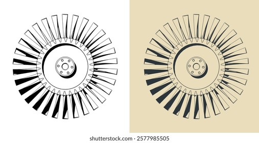 Engine compressor blisk and turbine blades illustrations