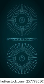 Engine compressor blisk and turbine blades blueprints illustration