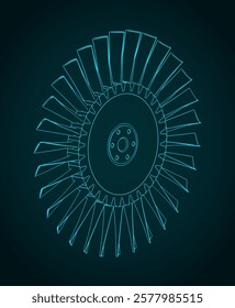 Engine compressor blisk and turbine blades isometric blueprints