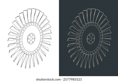 Engine compressor blisk and turbine blades blueprints illustrations