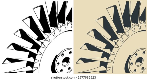 Engine compressor blisk and turbine blades close-up