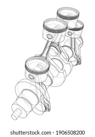 Engine crankshaft with pistons outline. Vector rendering of 3d. Wire-frame style