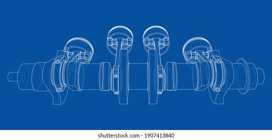 Engine crankshaft with pistons outline. Vector rendering of 3d. Wire-frame style