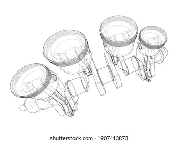 Engine crankshaft with pistons outline. Vector rendering of 3d. Wire-frame style