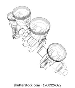 Engine crankshaft with pistons outline. Vector rendering of 3d. Wire-frame style