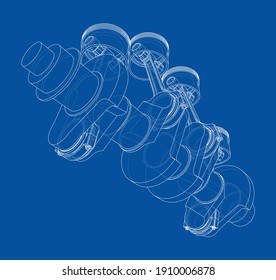 Cigüeñal del motor con contorno de pistones. Representación vectorial de 3d. Estilo de trama