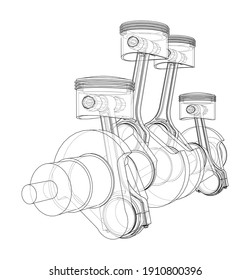 Engine crankshaft with pistons outline. Vector rendering of 3d. Wire-frame style