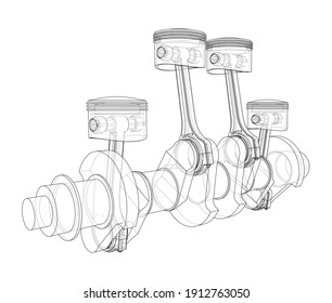 Engine crankshaft with pistons outline. Vector rendering of 3d. Wire-frame style