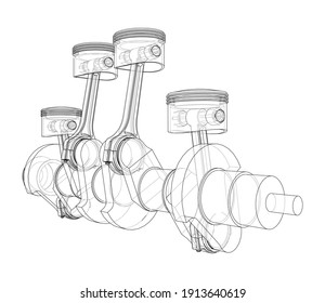 Engine crankshaft with pistons outline. Vector rendering of 3d. Wire-frame style