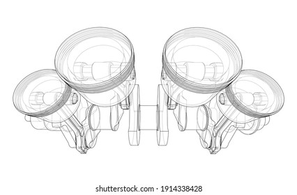 Cigüeñal del motor con contorno de pistones. Representación vectorial de 3d. Estilo de trama