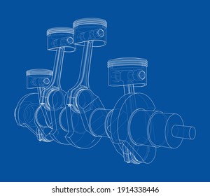 Engine crankshaft with pistons outline. Vector rendering of 3d. Wire-frame style