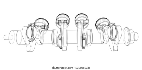 Engine crankshaft with pistons outline. Vector rendering of 3d. Wire-frame style
