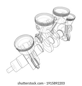 Engine crankshaft with pistons outline. Vector rendering of 3d. Wire-frame style