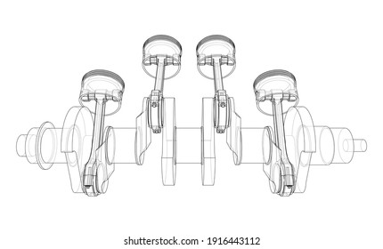 Cigüeñal del motor con contorno de pistones. Representación vectorial de 3d. Estilo de trama