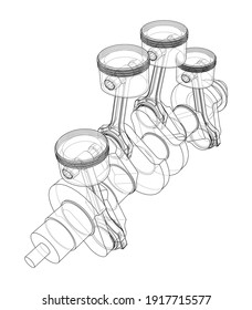 Engine crankshaft with pistons outline. Vector rendering of 3d. Wire-frame style