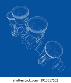 Engine crankshaft with pistons outline. Vector rendering of 3d. Wire-frame style
