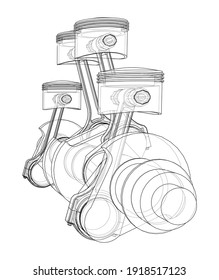 Engine crankshaft with pistons outline. Vector rendering of 3d. Wire-frame style
