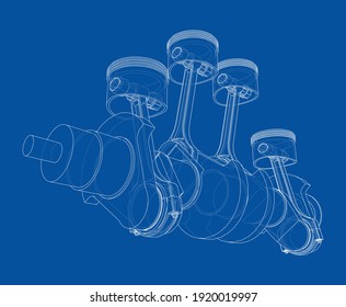 Engine crankshaft with pistons outline. Vector rendering of 3d. Wire-frame style