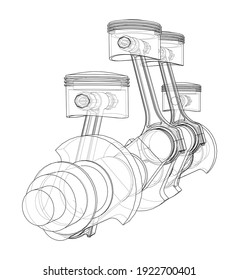 Engine crankshaft with pistons outline. Vector rendering of 3d. Wire-frame style