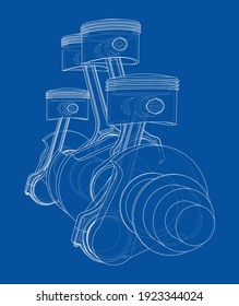 Engine crankshaft with pistons outline. Vector rendering of 3d. Wire-frame style