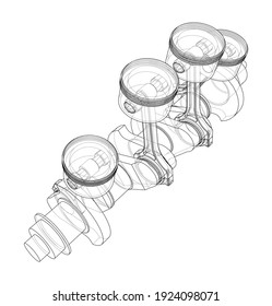 Engine crankshaft with pistons outline. Vector rendering of 3d. Wire-frame style