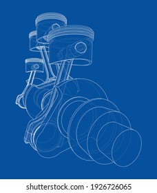 Engine crankshaft with pistons outline. Vector rendering of 3d. Wire-frame style