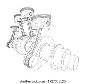 Engine crankshaft with pistons outline. Vector rendering of 3d. Wire-frame style