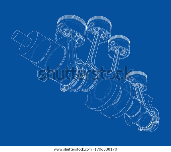 Engine crankshaft with pistons outline. Vector\
rendering of 3d. Wire-frame\
style