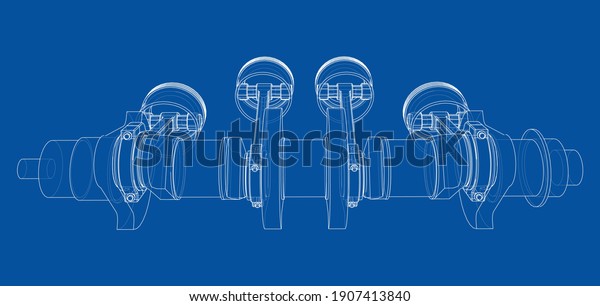 Engine crankshaft with pistons outline. Vector\
rendering of 3d. Wire-frame\
style