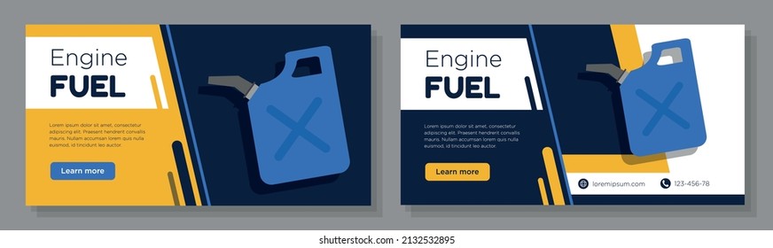 Juego de plantillas de banner en línea de combustible para motores, gasolina, publicidad del petróleo, anuncio horizontal, jerry de aceite puede hacer campaña en la página web, volante, folleto creativo, aislado en segundo plano.