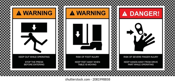 Engine Guard Standard. Warning Keep Out While Operating Stop The Press Before Entering, Warning Risk of Foot Injury Keep Feet Away When Table is Moving, Danger Risk of Severe Finger Injury Keep Hands.