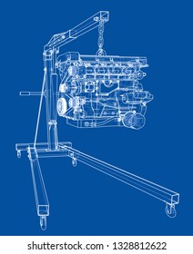 Engine hoist with engine outline. Vector rendering of 3d. Wire-frame style. The layers of visible and invisible lines are separated