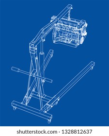 Engine hoist with engine outline. Vector rendering of 3d. Wire-frame style. The layers of visible and invisible lines are separated