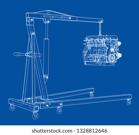 Engine hoist with engine outline. Vector rendering of 3d. Wire-frame style. The layers of visible and invisible lines are separated