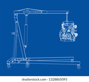 Engine hoist with engine outline. Vector rendering of 3d. Wire-frame style. The layers of visible and invisible lines are separated