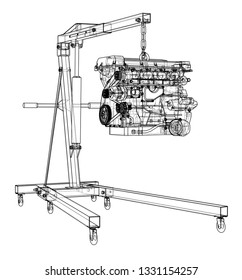 Engine hoist with engine outline. Vector rendering of 3d. Wire-frame style. The layers of visible and invisible lines are separated