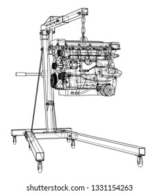 Engine hoist with engine outline. Vector rendering of 3d. Wire-frame style. The layers of visible and invisible lines are separated