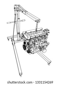 Engine hoist with engine outline. Vector rendering of 3d. Wire-frame style. The layers of visible and invisible lines are separated