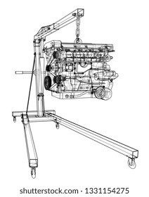 Engine hoist with engine outline. Vector rendering of 3d. Wire-frame style. The layers of visible and invisible lines are separated