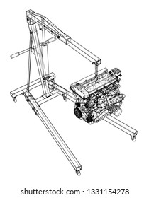 Engine hoist with engine outline. Vector rendering of 3d. Wire-frame style. The layers of visible and invisible lines are separated