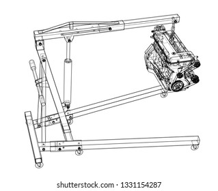 Engine hoist with engine outline. Vector rendering of 3d. Wire-frame style. The layers of visible and invisible lines are separated