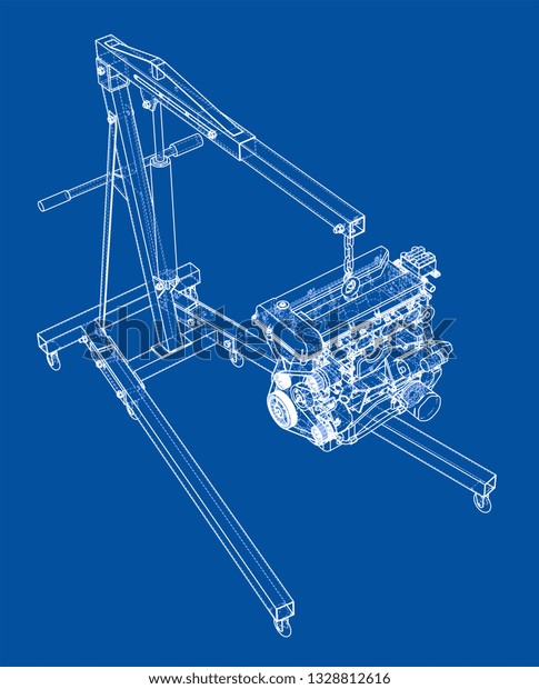 Engine hoist with engine outline. Vector\
rendering of 3d. Wire-frame style. The layers of visible and\
invisible lines are\
separated