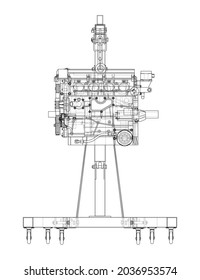 Engine hoist with engine. Vector rendering of 3d. Wire-frame style. The layers of visible and invisible lines are separated. Orthography or isometric
