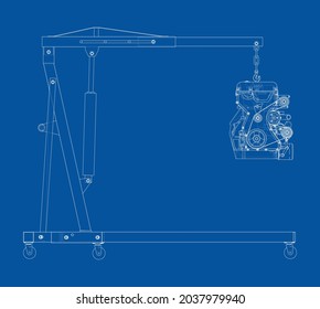 Engine hoist with engine. Vector rendering of 3d. Wire-frame style. The layers of visible and invisible lines are separated. Orthography or isometric